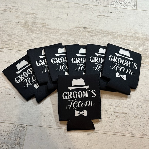 SALE Groom’s Team Black and White Drink Koozies Set of 7 - Picture 1 of 3